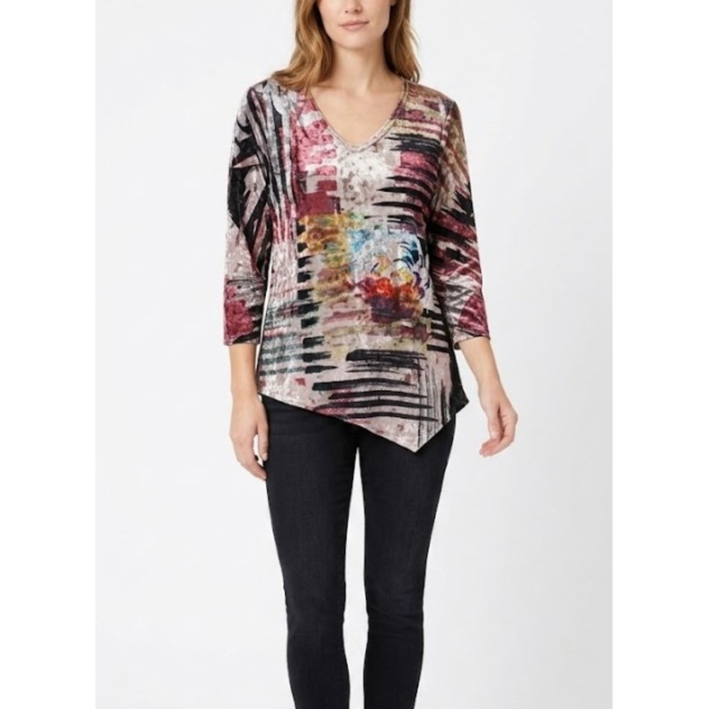 Impulse‎ California Velvet Top Medium Multi Color Abstract Asymmetrical Artsy